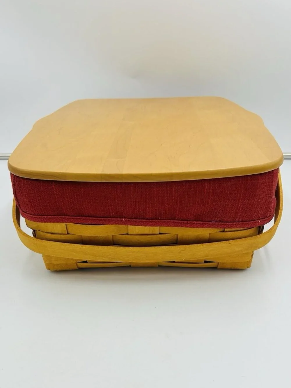 Longaberger Hostess Basket Two Handles Wooden Lid Red Fabric Plastic Liner 2002